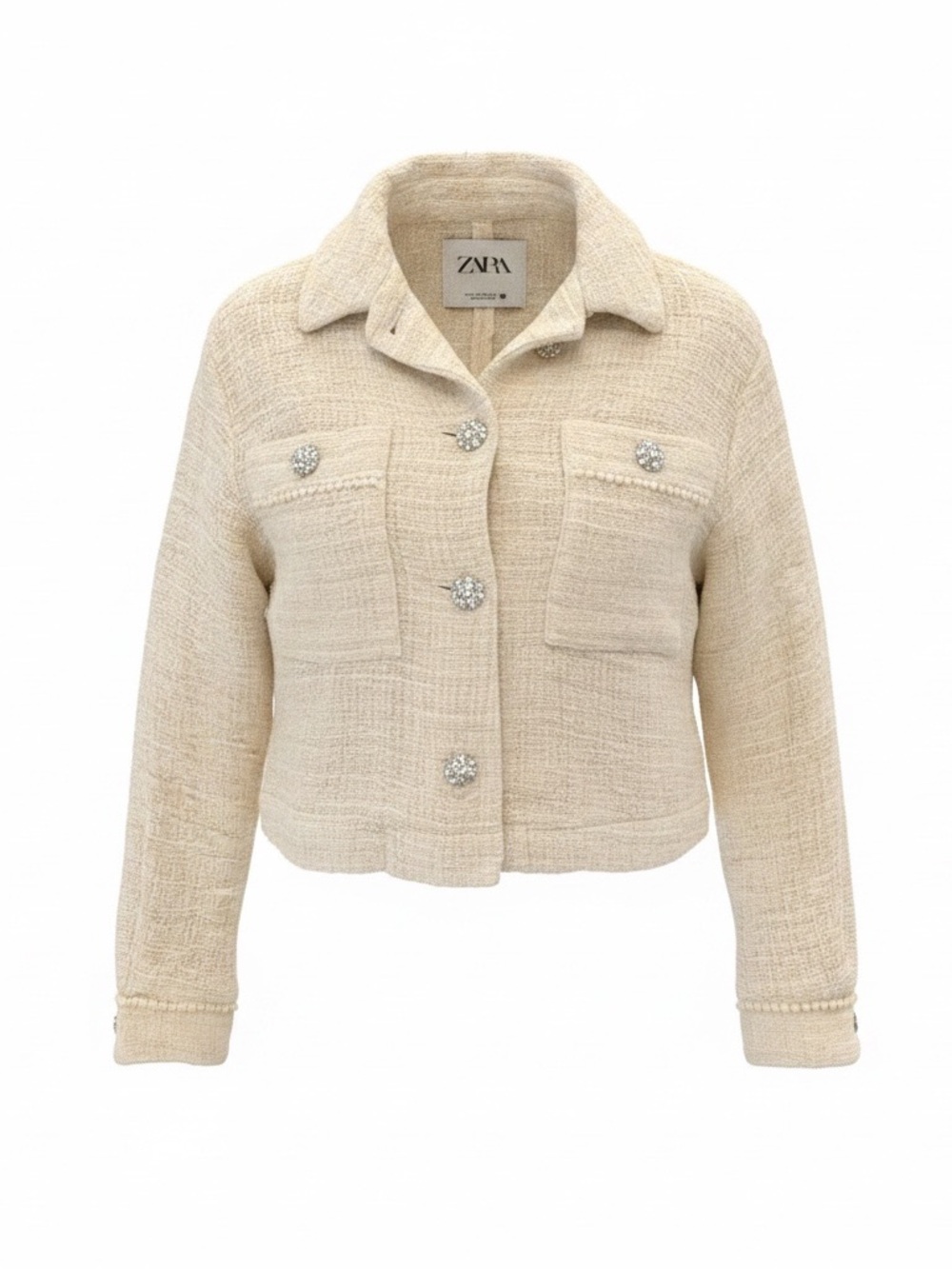 Zara Beige Tweed Cropped Jacket with Decorative Buttons
